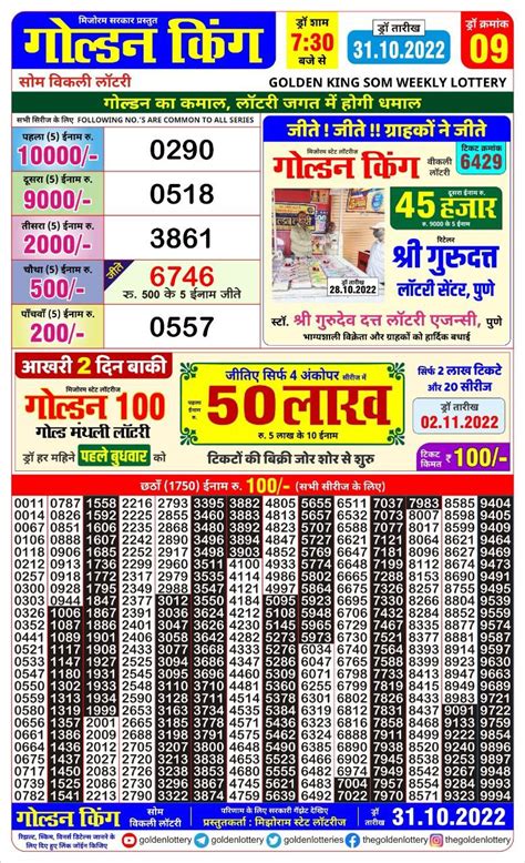 golden king lottery|Mizoram State Golden King Shani Weekly Lottery Result Today .
